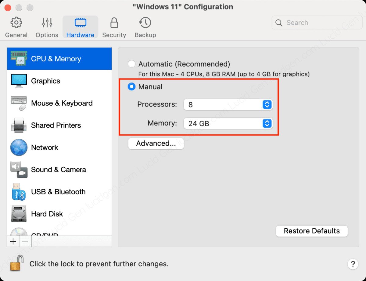 Tùy chỉnh phân bổ CPU và bộ nhớ RAM cho hệ điều hành Windows ảo chạy trên MacBook.