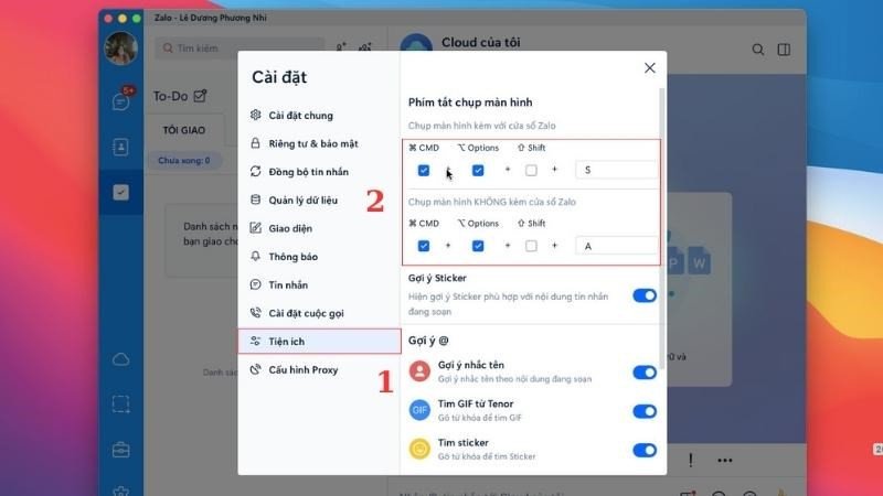 Tùy chỉnh phím tắt chụp màn hình Zalo trong phần Tiện ích trên MacBook