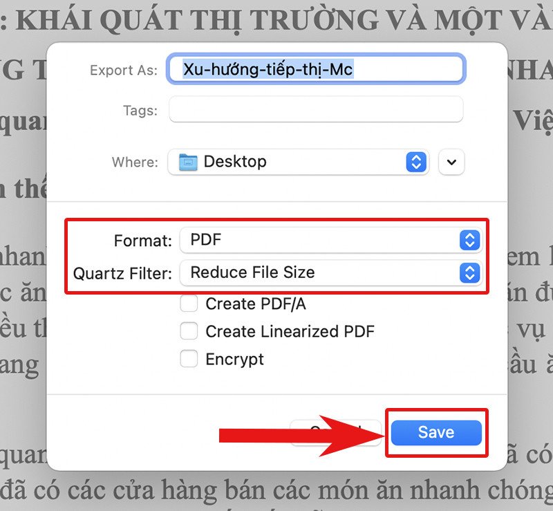 tùy chọn giảm dung lượng file pdf trên macbook bằng quartz filter trong preview