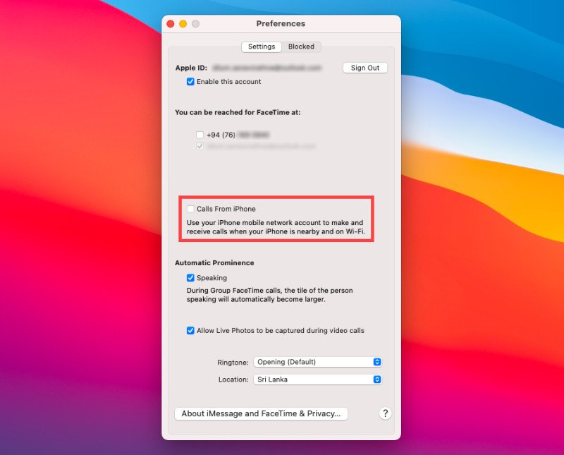 Tùy chọn ngắt kết nối cuộc gọi iPhone trên MacBook trong FaceTime