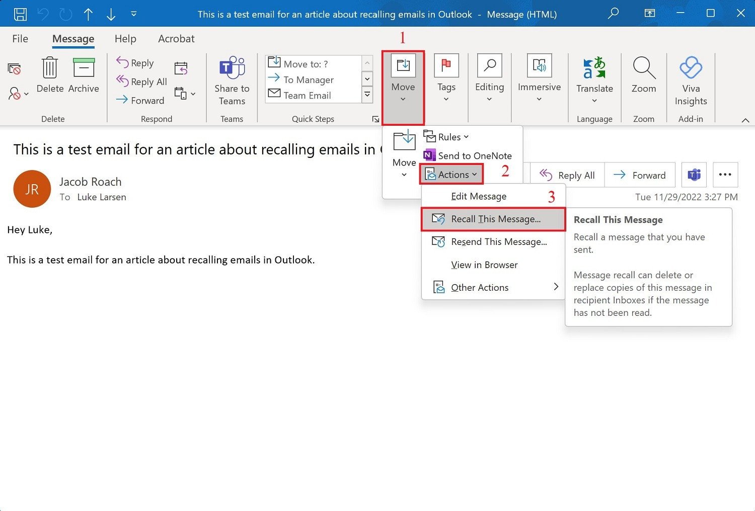 Tùy chọn thu hồi email trong Outlook trên MacBook qua mục Move