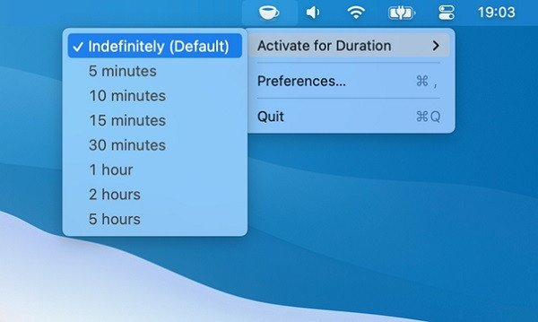 Ứng dụng KeepingYouAwake với các tùy chọn thời gian giữ sáng màn hình MacBook
