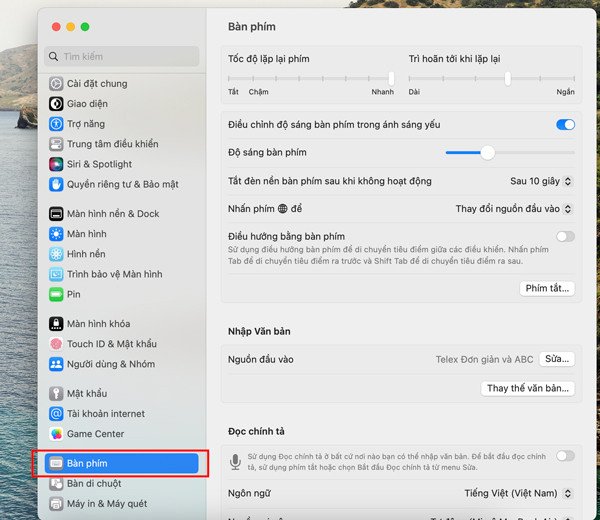 Vào cài đặt Bàn phím để cấu hình lại bộ gõ tiếng Việt trên MacBook