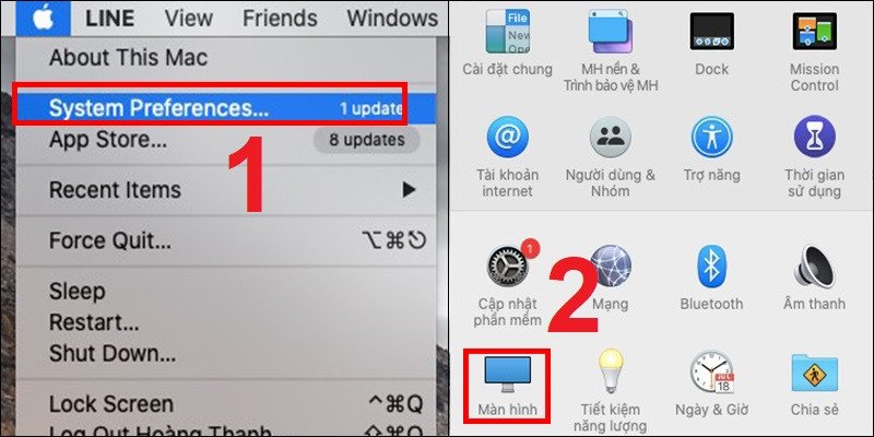 Vào System Preferences và chọn Displays để tùy chỉnh hiển thị khi kết nối máy chiếu với MacBook