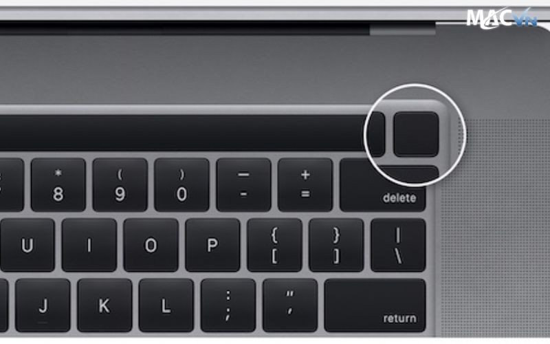 Vị trí nút nguồn trên MacBook, dùng để khởi động lại máy khi cần tắt hết tab và ứng dụng bị treo.