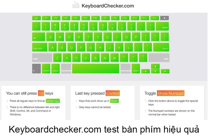 Website Keyboardchecker.com với giao diện kiểm tra từng phím trên MacBook