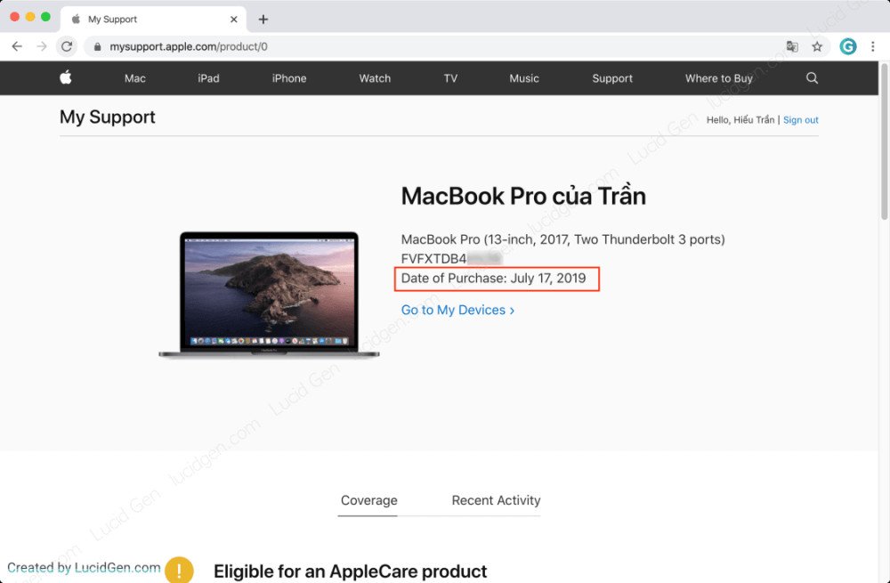 Xem 'Date of Purchase' để biết ngày kích hoạt chính xác của MacBook