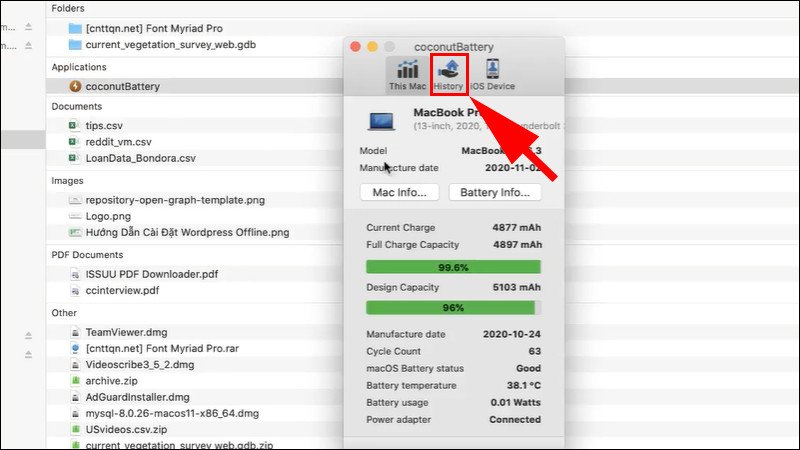 Xem lịch sử chai pin MacBook với Coconut Battery