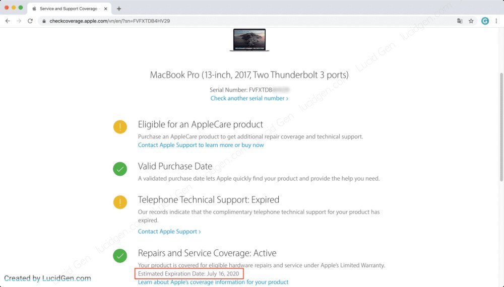 Xem ngày hết hạn bảo hành MacBook qua số Serial trên trang Apple Check Coverage