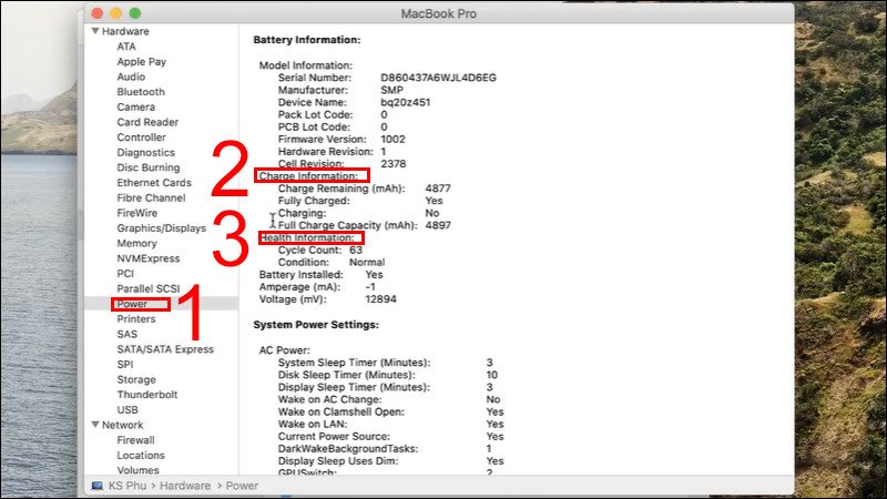 Xem thông tin tình trạng pin MacBook trong mục Power
