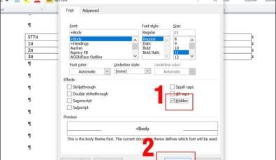 Sử dụng tùy chọn Hidden trong hộp thoại Font để ẩn ký tự thừa sau khi chèn bảng trong Word Mac