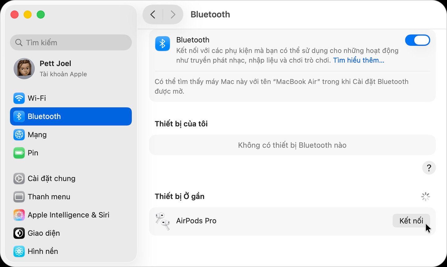 Quy trình ghép đôi thủ công AirPods với MacBook trong Cài đặt Hệ thống